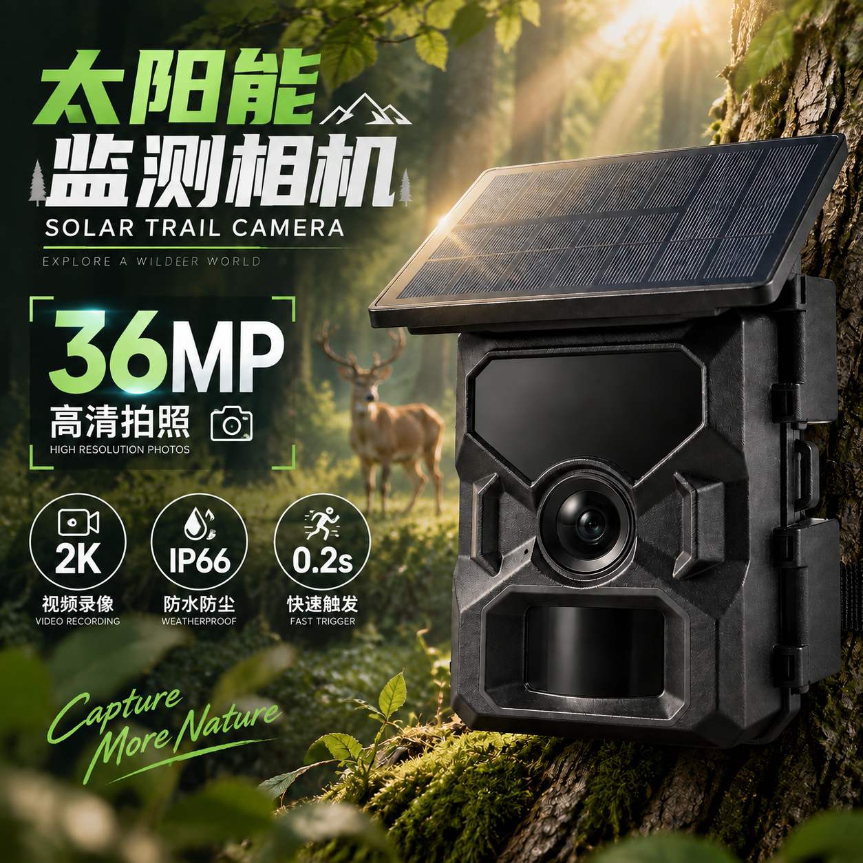 36MP 2K Solar Trail Camera with 0.2s Trigger – IP66 Wildlife Camera