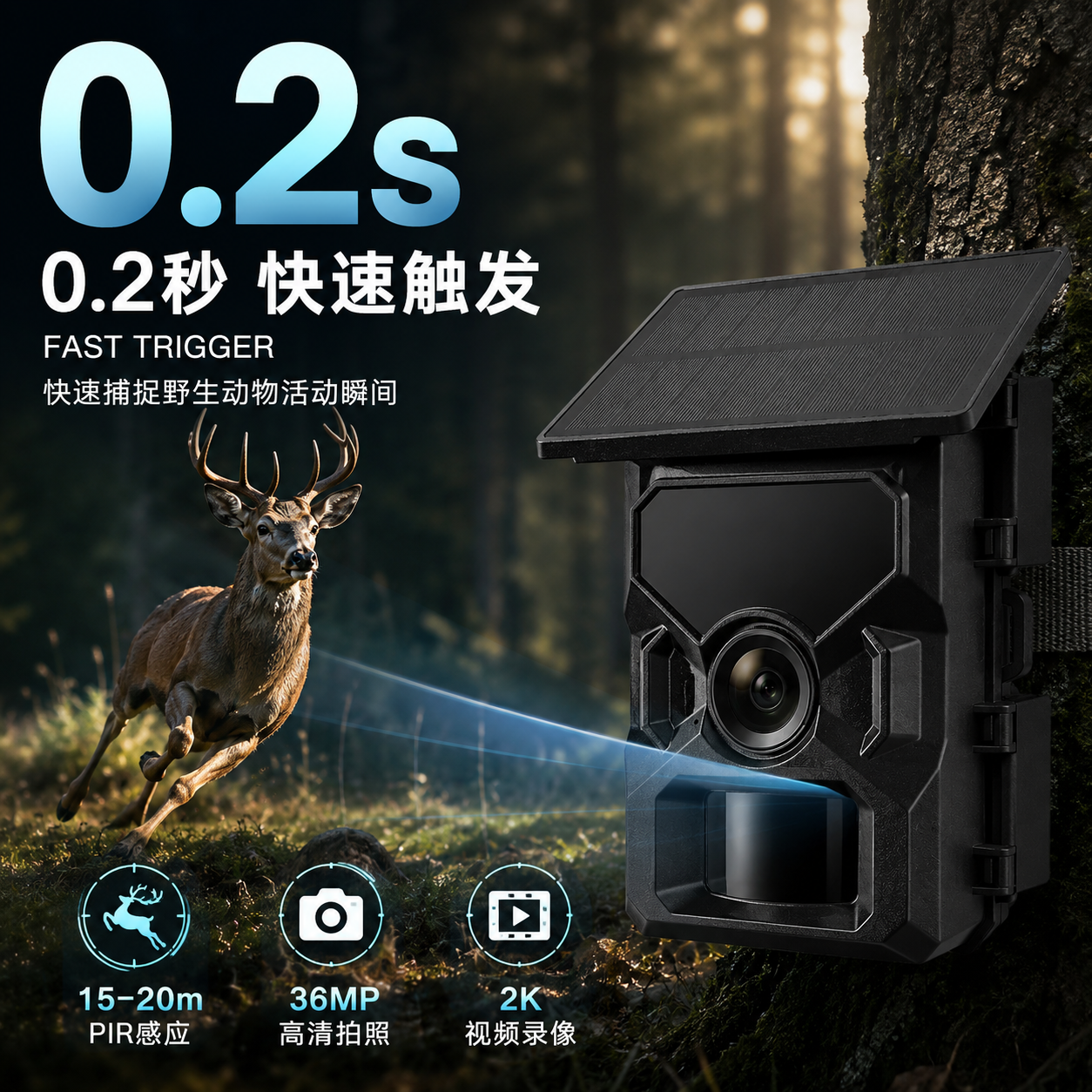 36MP 2K Solar Trail Camera with 0.2s Trigger – IP66 Wildlife Camera
